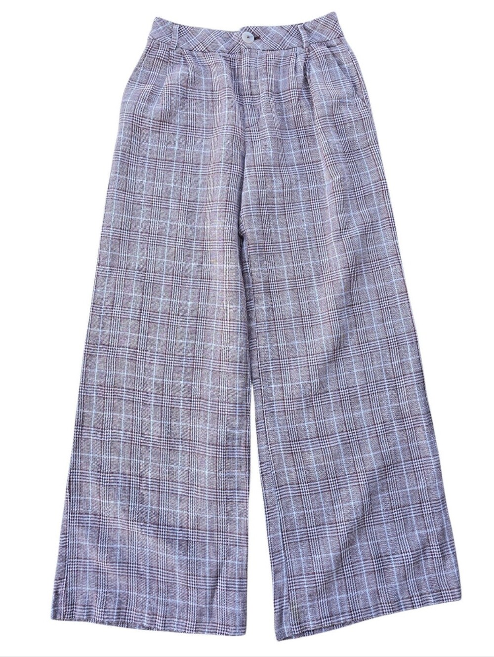 MAEVE Anthropologie Brown Plaid Linen Cotton Wide Leg Pants Size 4